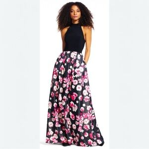 NWT Adrianna Papell Black Multi Jersey Halter & Printed Floral Maxi Gown Sz 12M